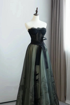 A-Line Black And Green Tulle With Lace Long Prom Dresses Tulle Prom Dresses
