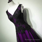 A-Line Black And Purple Tulle V-Neckline Beaded Prom Dress, Black Tulle Formal Dress