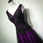 A-Line Black And Purple Tulle V-Neckline Beaded Prom Dresses Black Tulle Prom Dresses