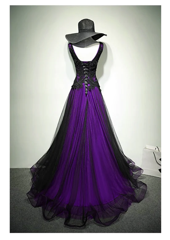 A-Line Black And Purple Tulle V-Neckline Beaded Prom Dresses Black Tulle Prom Dresses