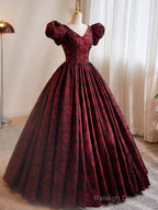 A-Line Black And Red Lace Short Sleeves Party Dress, Black And Red Long Formal Dress