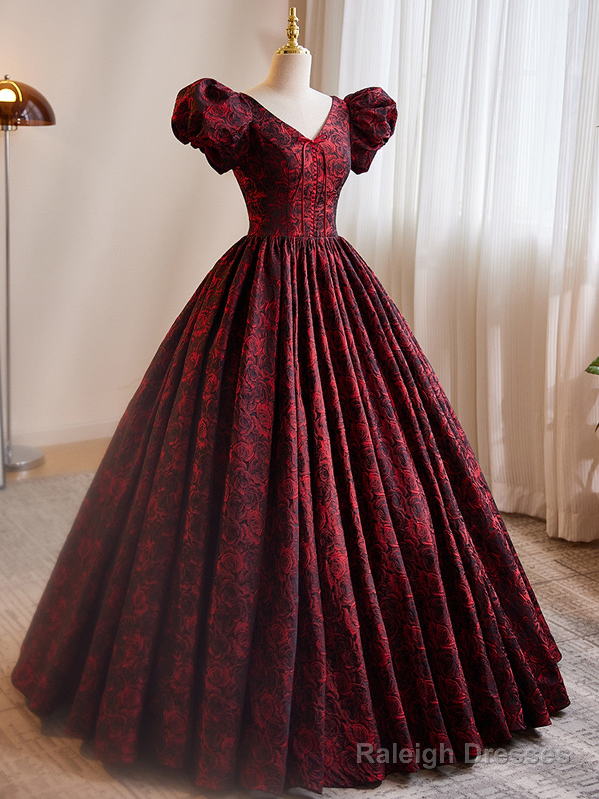 A-Line Black And Red Lace Short Sleeves Prom Dresses Black And Red Long Prom Dresses Secondary image