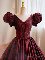 A-Line Black And Red Lace Short Sleeves Party Dress, Black And Red Long Formal Dress