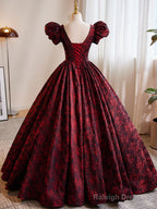 A-Line Black And Red Lace Short Sleeves Party Dress, Black And Red Long Formal Dress