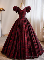 A-Line Black And Red Lace Short Sleeves Party Dress, Black And Red Long Formal Dress