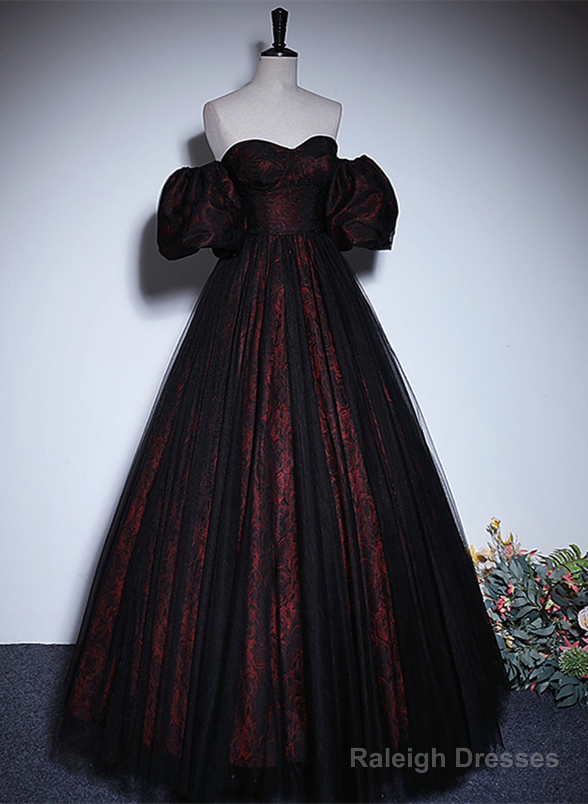 A-Line Black And Red Lace Sweetheart Evening Dress, Black And Red Prom Dress
