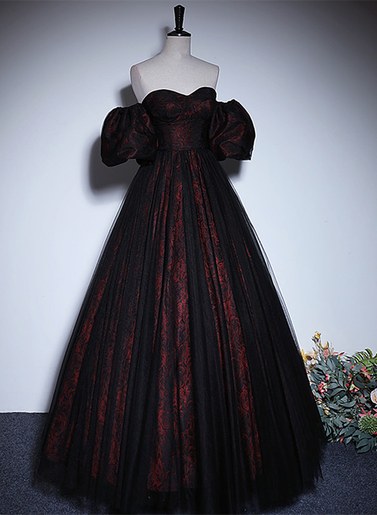 A-Line Black And Red Lace Sweetheart Evening Dress, Black And Red Prom Dress