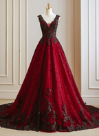 A-Line Black And Red Tulle With Lace Prom Dresses Black And Red Prom Dresses