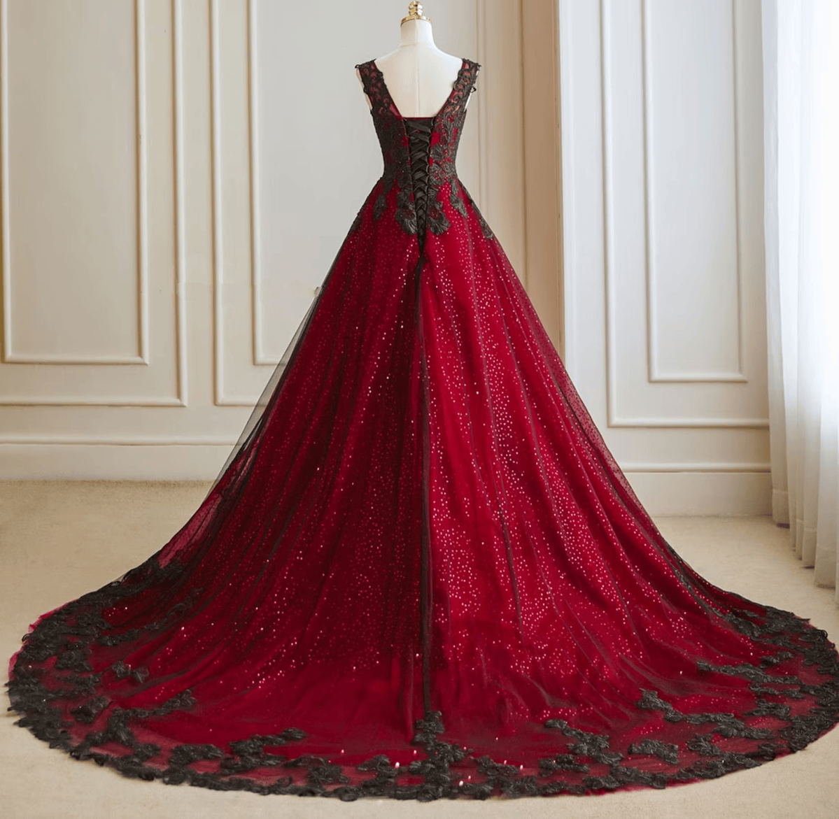 A-Line Black And Red Tulle With Lace Prom Dresses Black And Red Prom Dresses