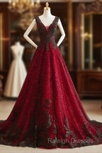 A-line Black and Red Tulle with Lace Party Dress, Black and Red Formal Dress