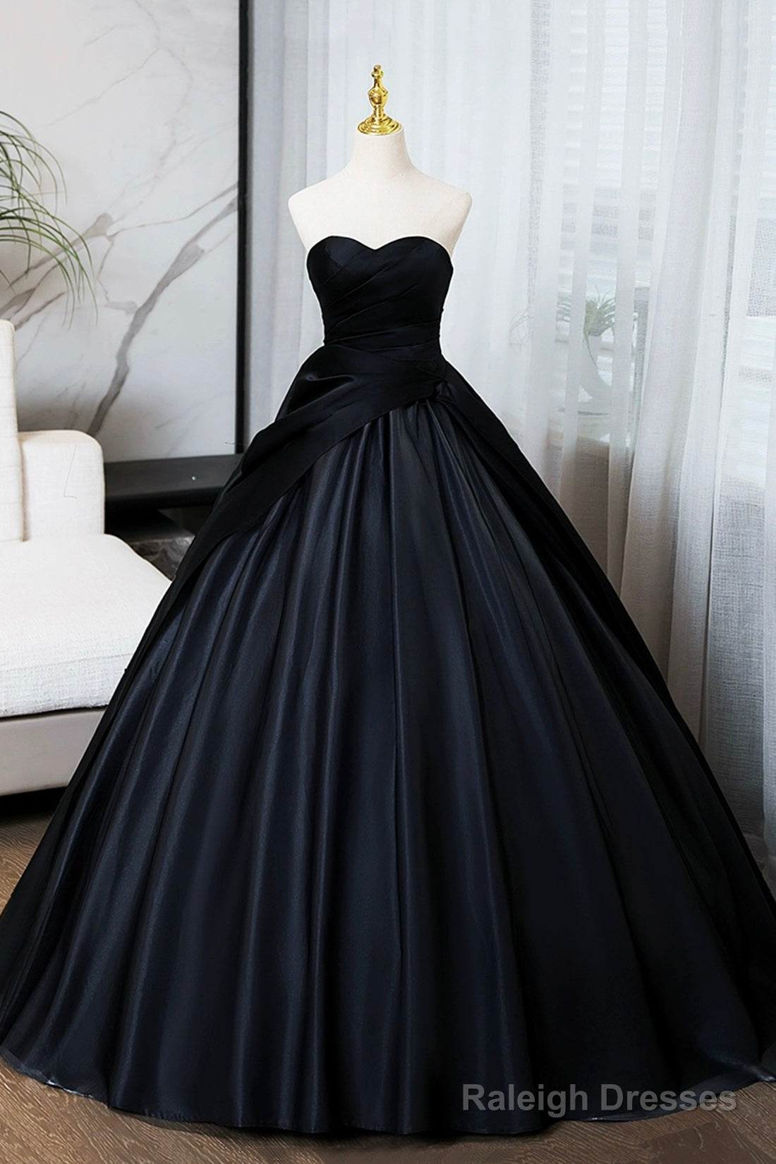 A-Line Black Floor Length Prom Dress, Black Strapless Formal Evening Dress Main image