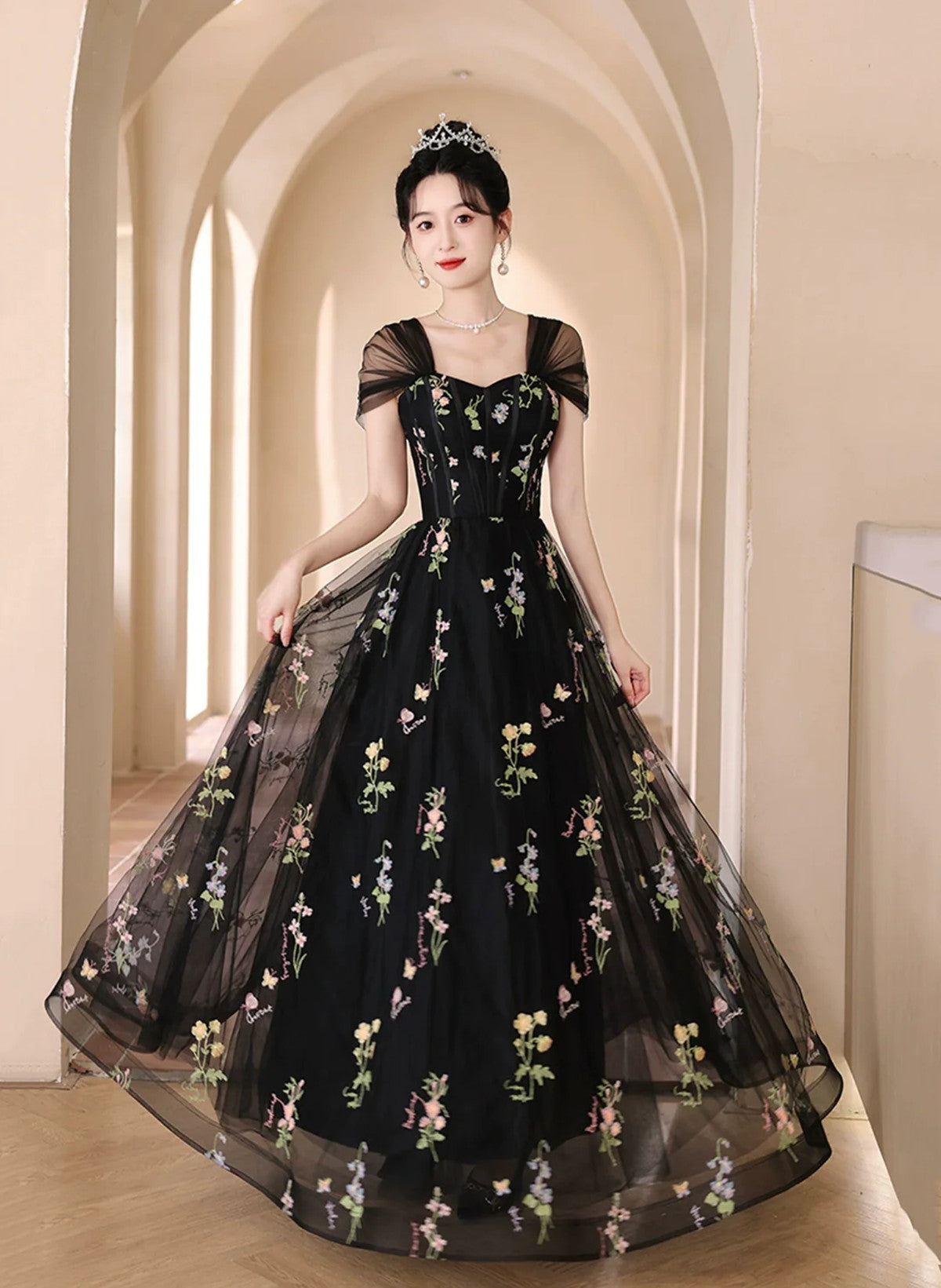 A-Line Black Floral Tulle Floor Length Prom Dress, Off The Shoulder Evening Party Dress Secondary image