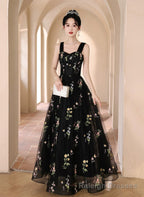 A Line Black Floral Tulle Floor Length Prom Dress, Off the Shoulder Prom Prom Dress