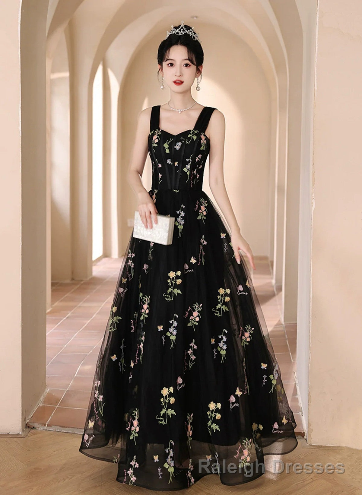 A Line Black Floral Tulle Floor Length Prom Dress, Off the Shoulder Prom Prom Dress