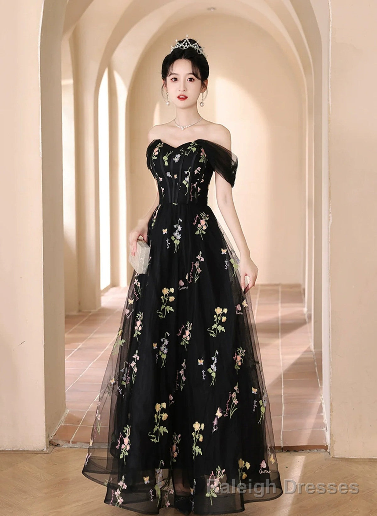 A-line Black Floral Tulle Floor Length Prom Dress, Off the Shoulder Evening Party Dress Main image