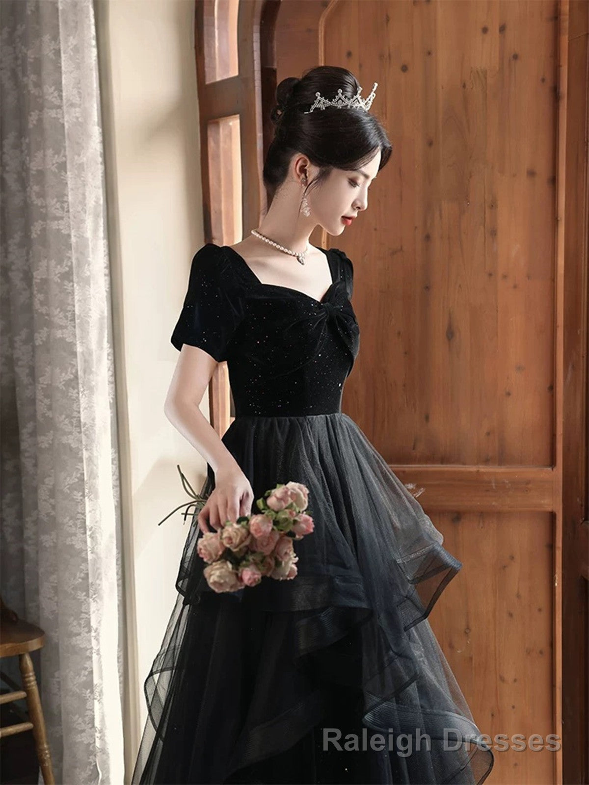 A-line Black Layers Short Sleeves Prom Dress, Black Velvet and Tulle Party Dress Secondary image