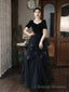 A-line Black Layers Short Sleeves Prom Dress, Black Velvet and Tulle Party Dress