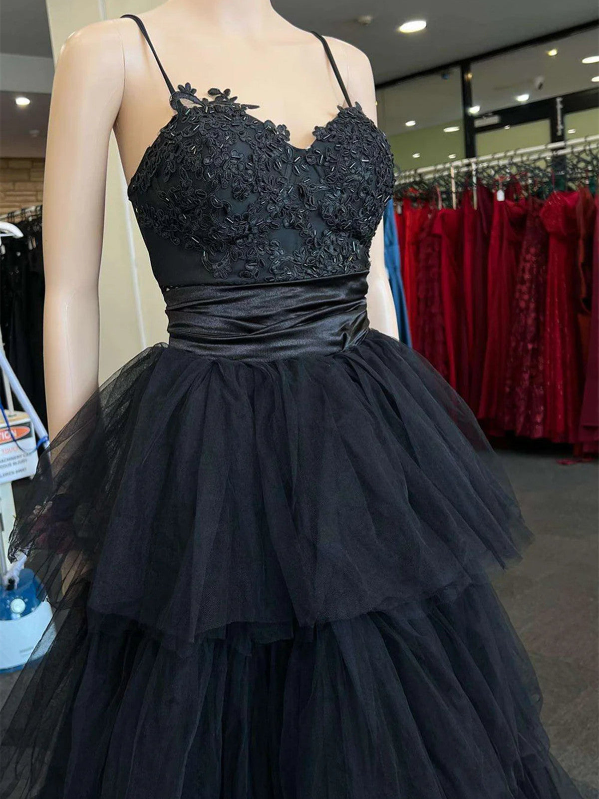 A-Line Black Layers Tulle With Lace Straps Prom Dresses Black Tulle Prom Dresses