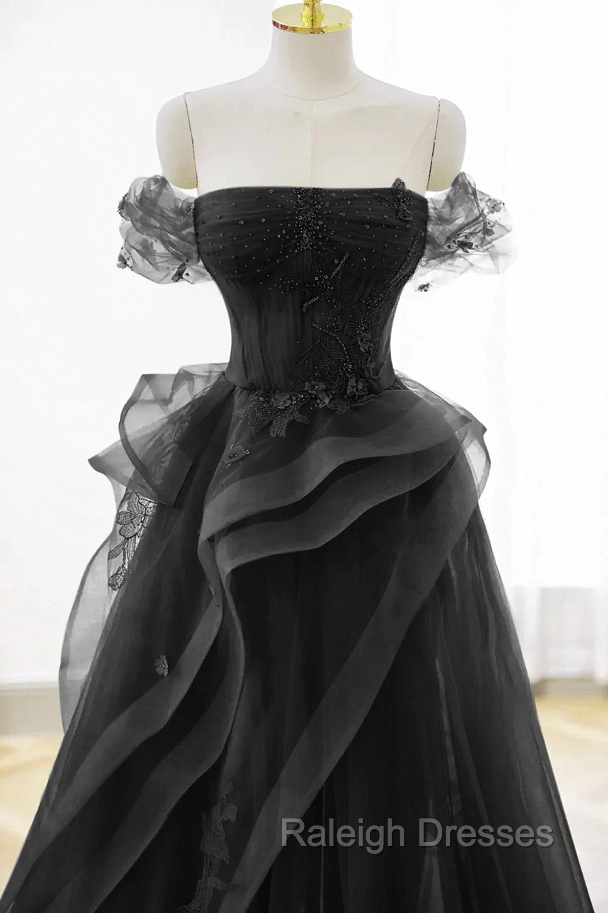 A-Line Black Off Shoulder Tulle With Lace Party Dress, Black Tulle Prom Dress