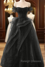 A-Line Black Off Shoulder Tulle With Lace Party Dress, Black Tulle Prom Dress