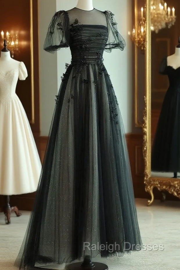 A-Line Black Puff Sleeves Tulle Long Prom Dress, Black Formal Evening Dress Main image