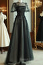 A-Line Black Puff Sleeves Tulle Long Prom Dress, Black Formal Evening Dress