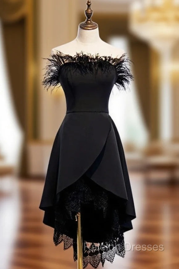 A-Line Black Satin  Lace Of the Shoulder Prom Dress