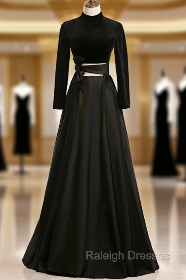 A-Line Black Satin High Neck Long Sleeve Prom Dress Main image