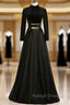 A Line Black Satin High Neck Long Sleeve Prom Dress