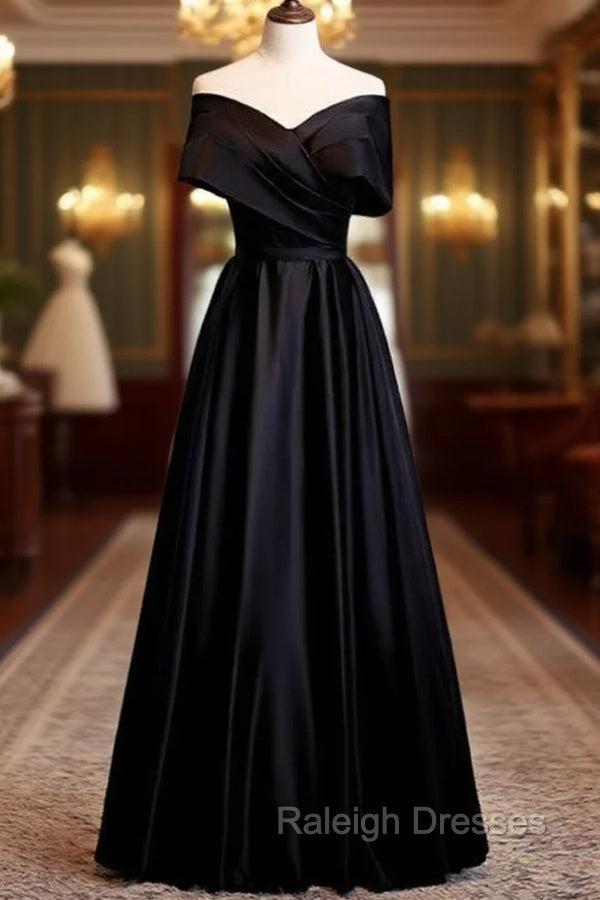 A-Line Black Satin Off the Shoulder Pleats Prom Dress Main image