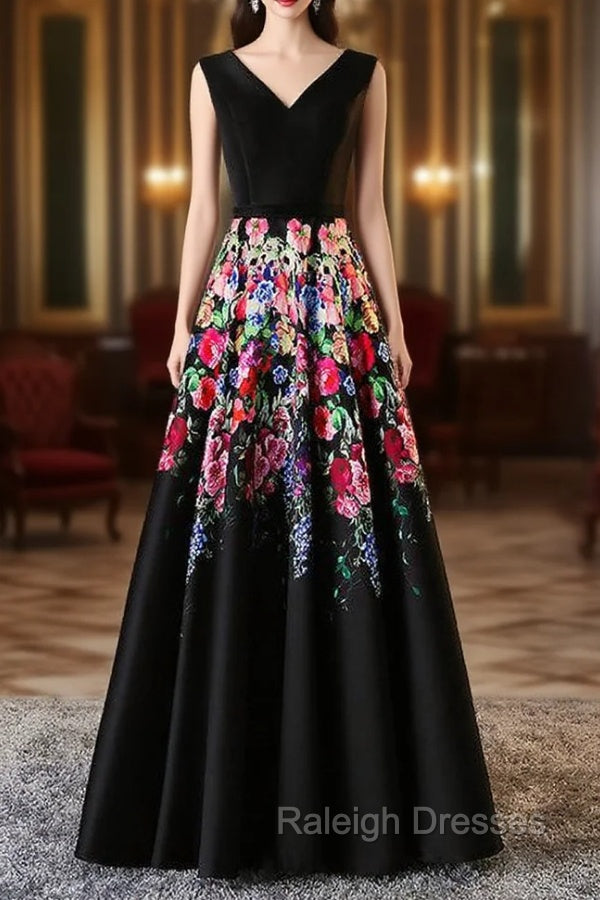 A-line Black Satin Print Prom Dress