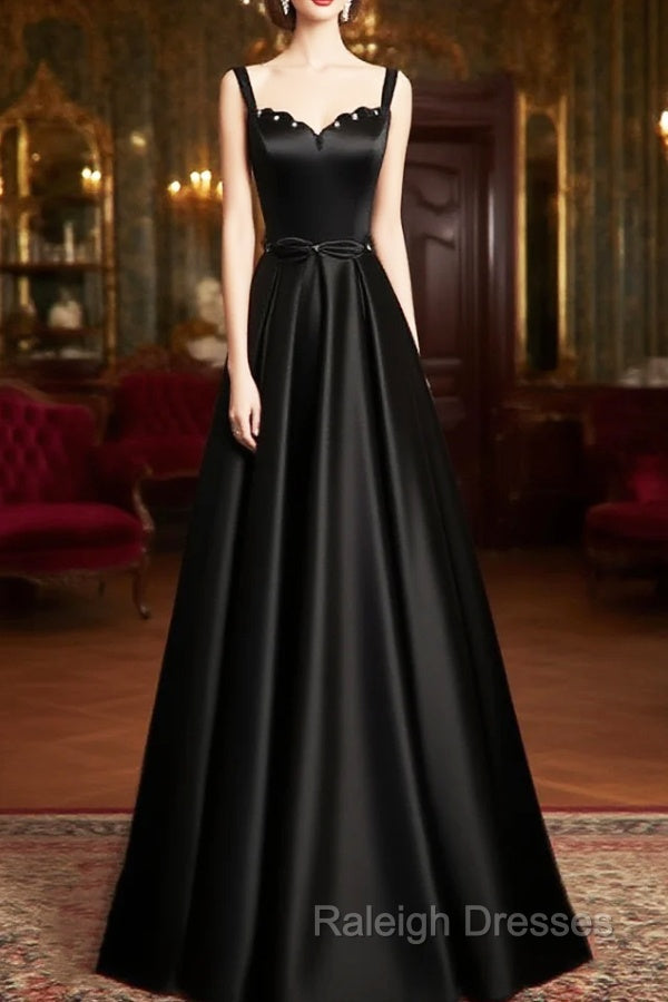 A-line Black Satin Straps Long Formal Dress, Black Simple Prom Dress Main image