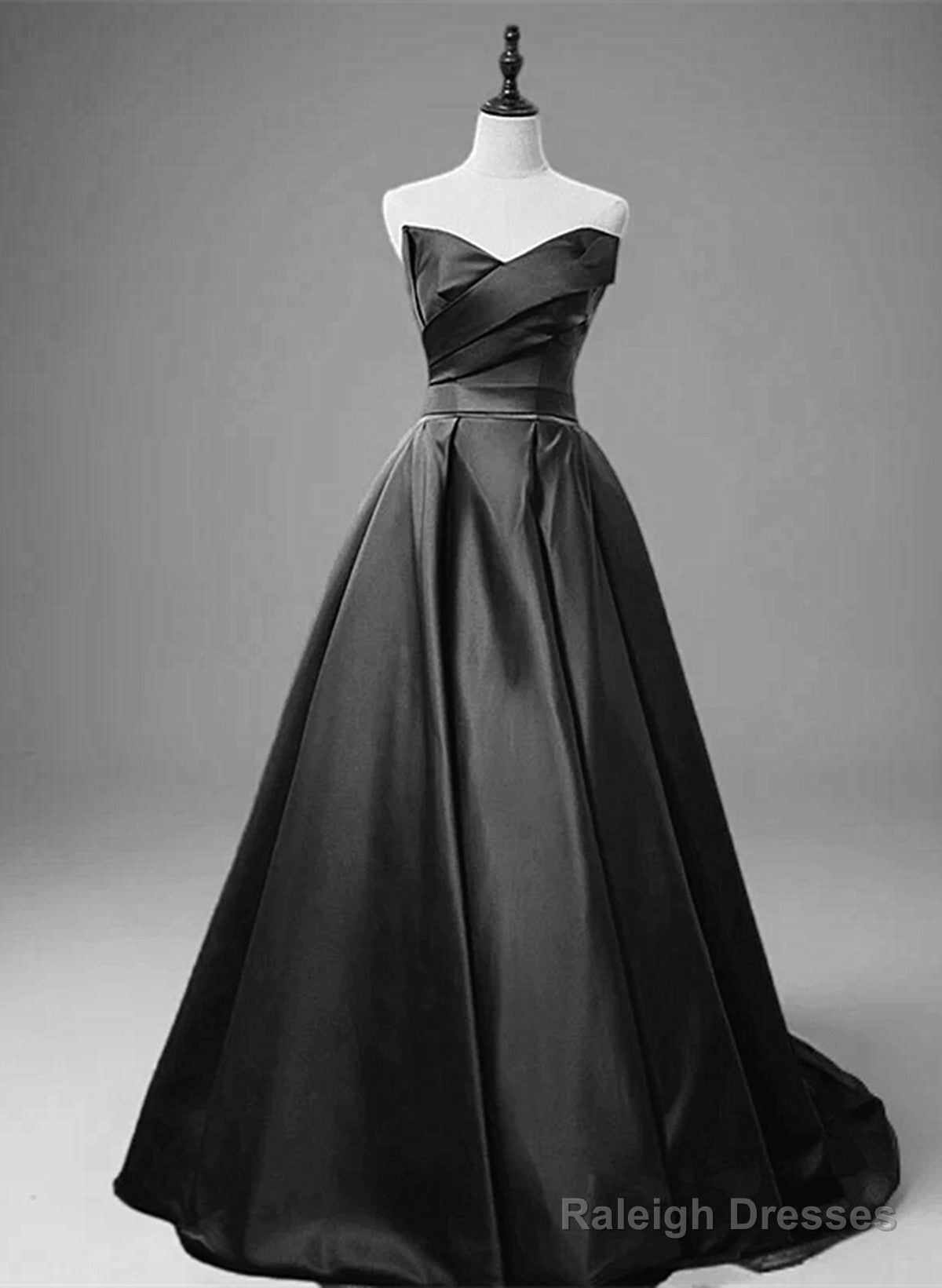 A-Line Black Satin V-Neckline Long Evening Dress, Black Satin Party Dress Main image