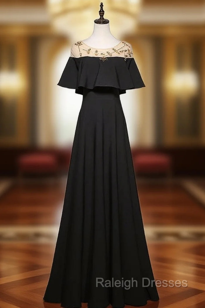 A Line Black Scoop Neck Beading Prom Dresses