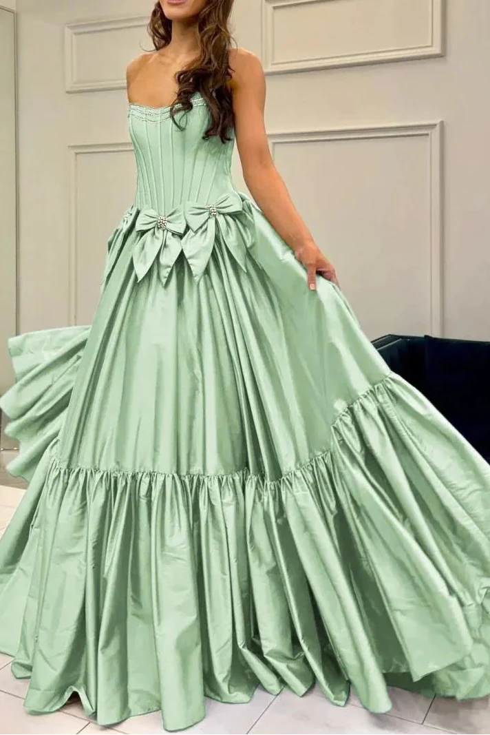 A-Line Black Scoop Neck Satin Prom Dress Long With Bow Knots