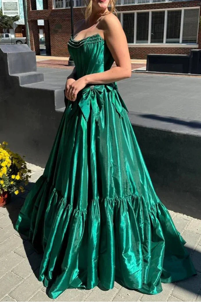 A-Line Black Scoop Neck Satin Prom Dress Long With Bow Knots