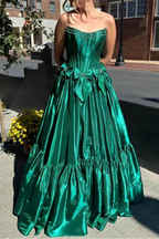A-Line Black Scoop Neck Satin Prom Dress Long With Bow Knots
