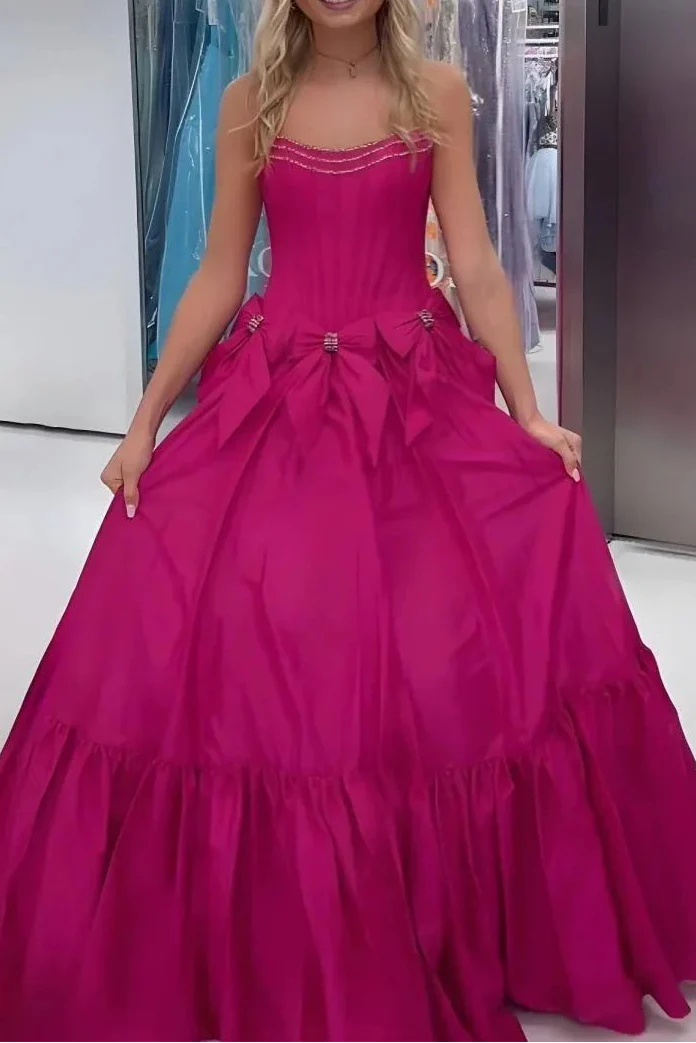 A-Line Black Scoop Neck Satin Prom Dress Long With Bow Knots