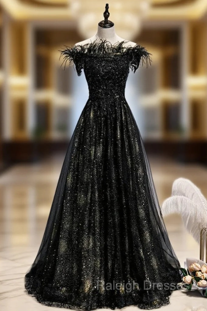 A Line Black Sequins Off the Shoulder Feather Prom Dresses Main image