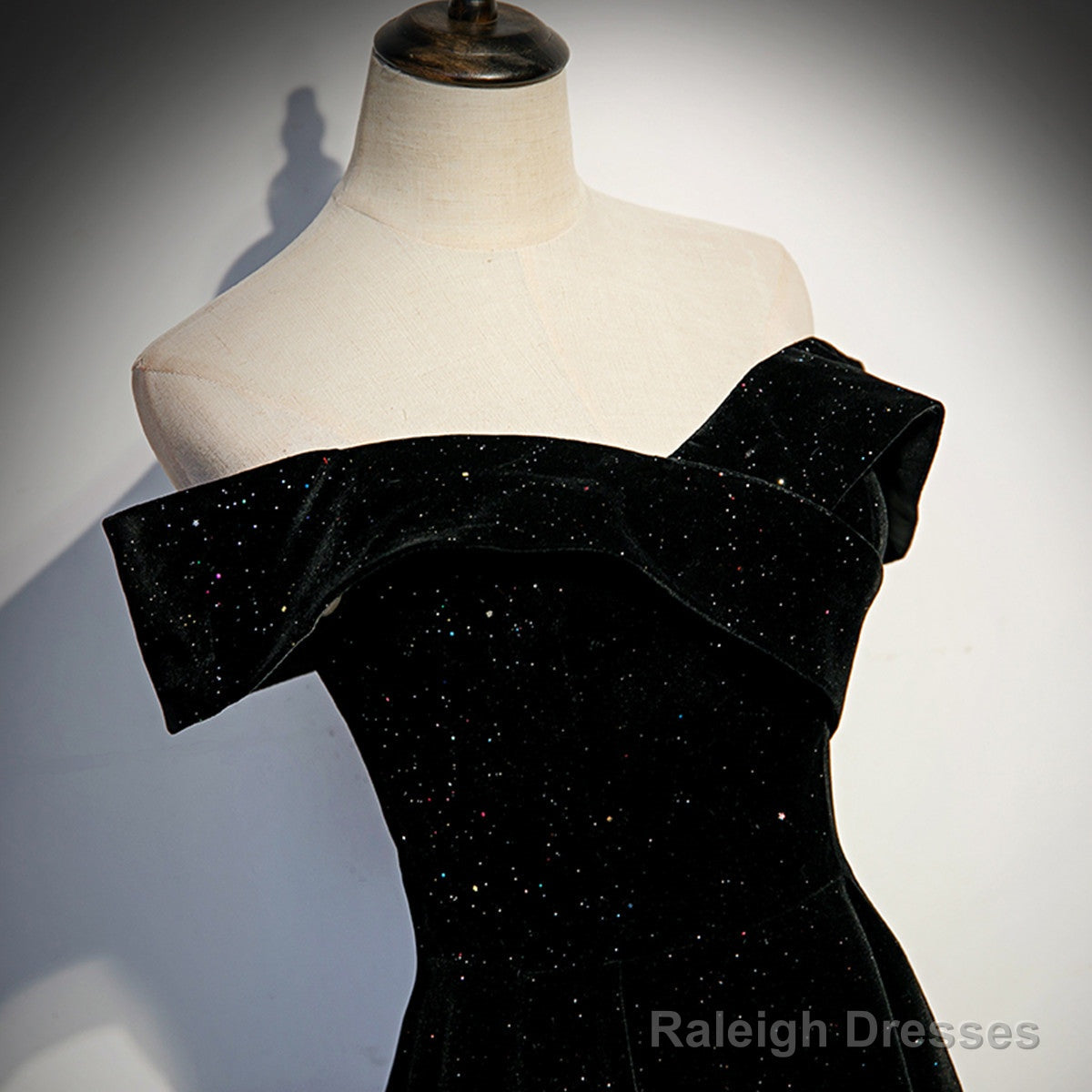 A-Line Black Sweetheart Off Shoulder Long Velvet Prom Dress, Black Evening Dress