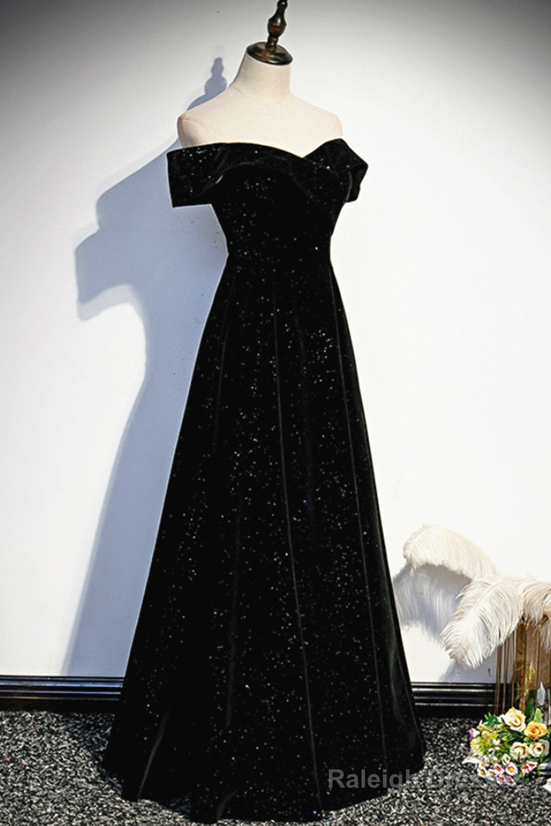 A-Line Black Sweetheart Off Shoulder Long Velvet Prom Dress, Black Evening Dress