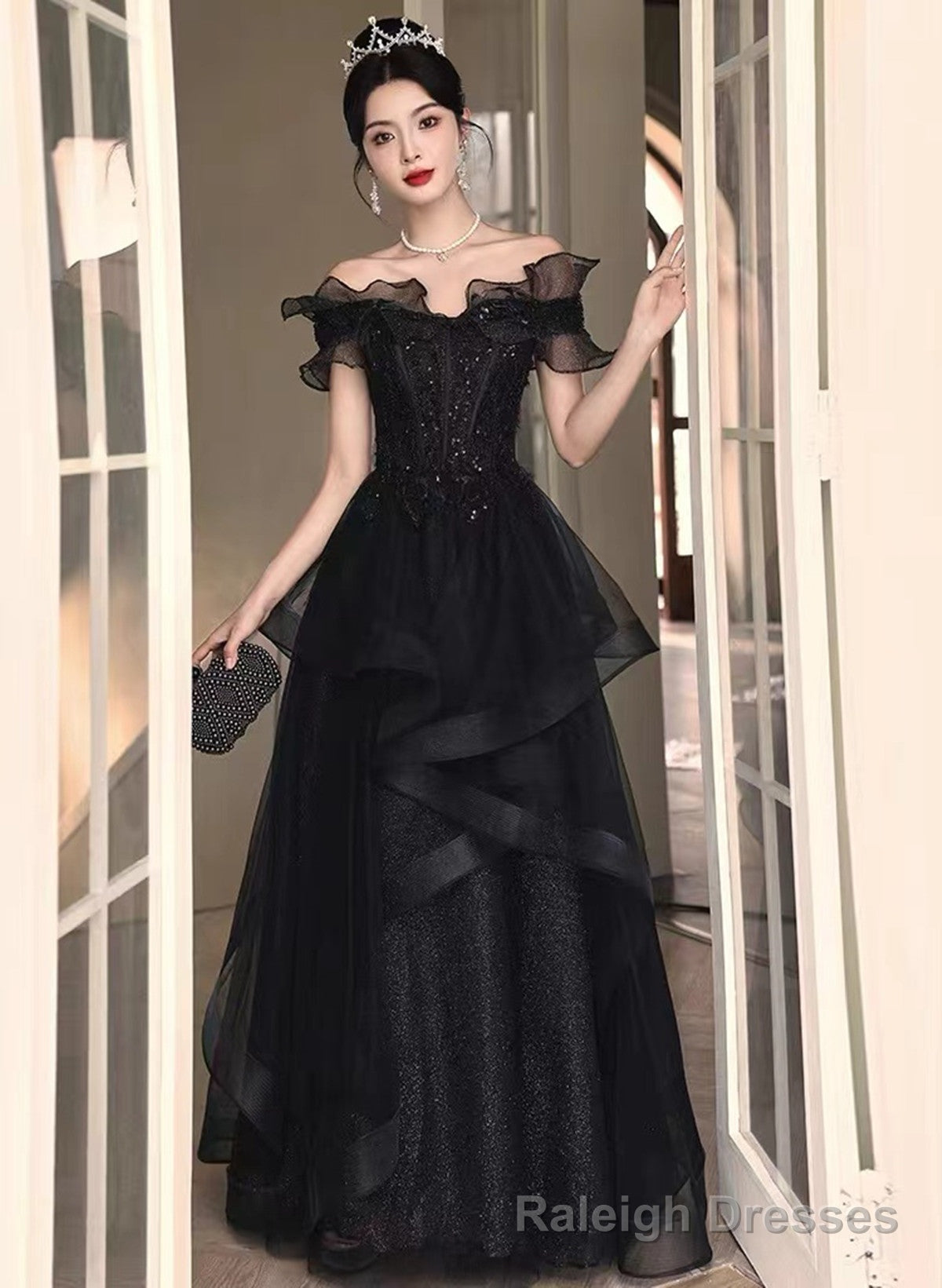 A-line Black Tulle and Lace Off Shoulder Party Dress, Black Long Formal Dress Secondary image