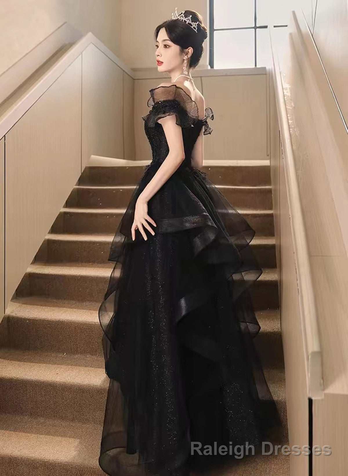 A Line Black Tulle and Lace Off Shoulder Prom Dress, Black Long Formal Dress