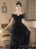 A-line Black Tulle and Lace Off Shoulder Party Dress, Black Long Formal Dress