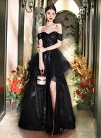 A-Line Black Tulle And Sequins Prom Dresses Long With Leg Slit Black Prom Dresses