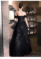 A-Line Black Tulle And Sequins Prom Dresses Long With Leg Slit Black Prom Dresses
