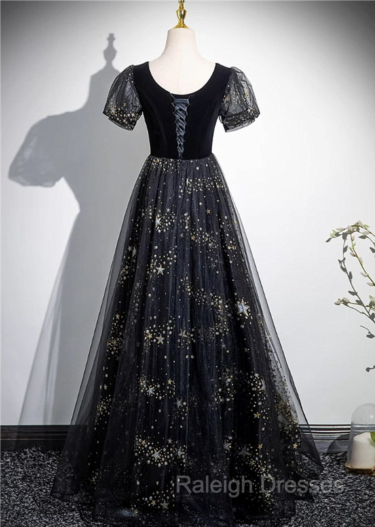 A Line Black Tulle and Velvet Long Prom Dress, Black Prom Dress