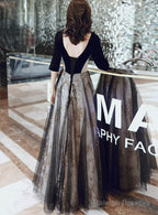 A-Line Black Tulle And Velvet Long Prom Dresses Black Prom Dresses With Lace Applique