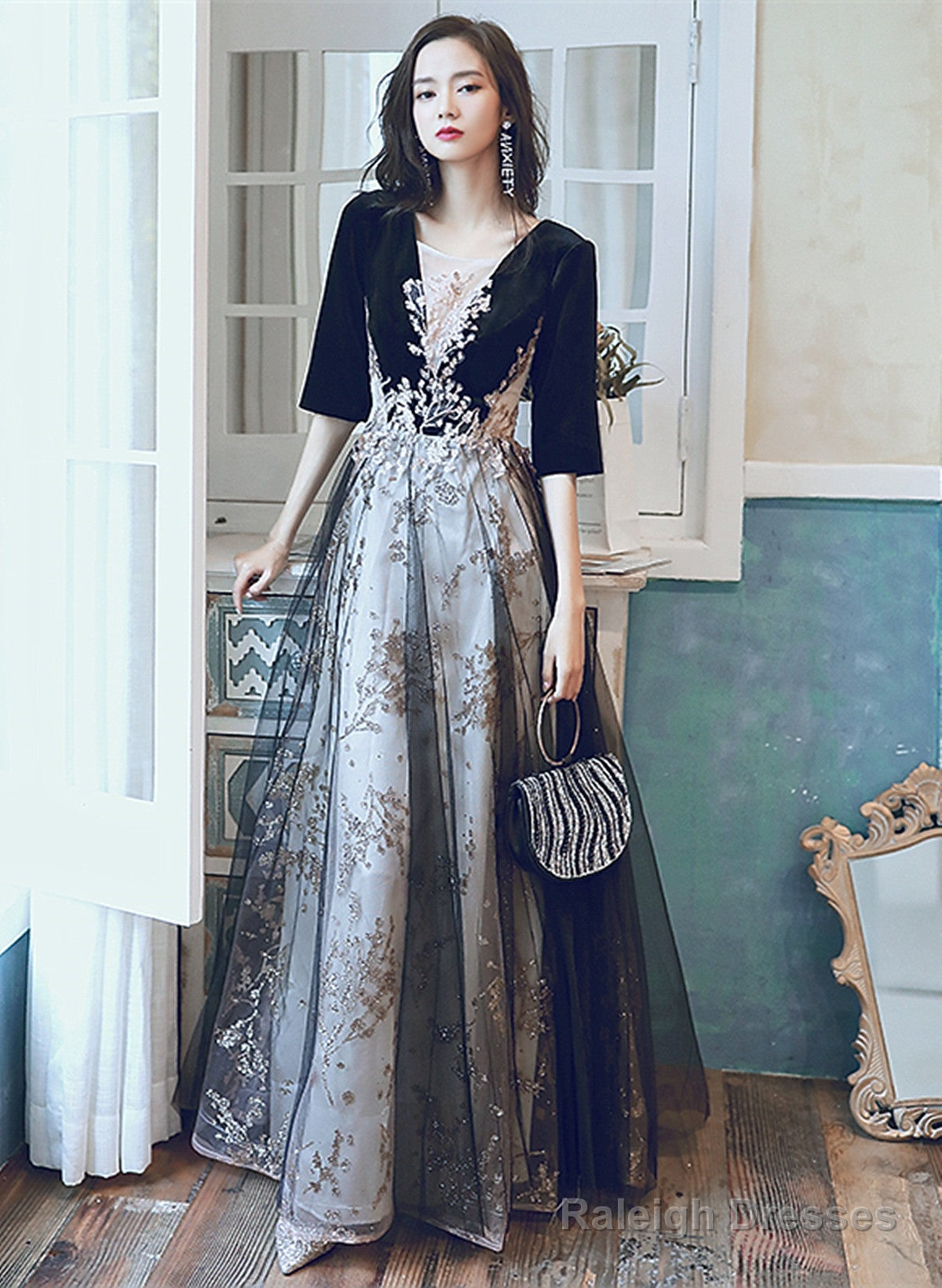 A-Line Black Tulle And Velvet Long Party Dress, Black Prom Dress With Lace Applique