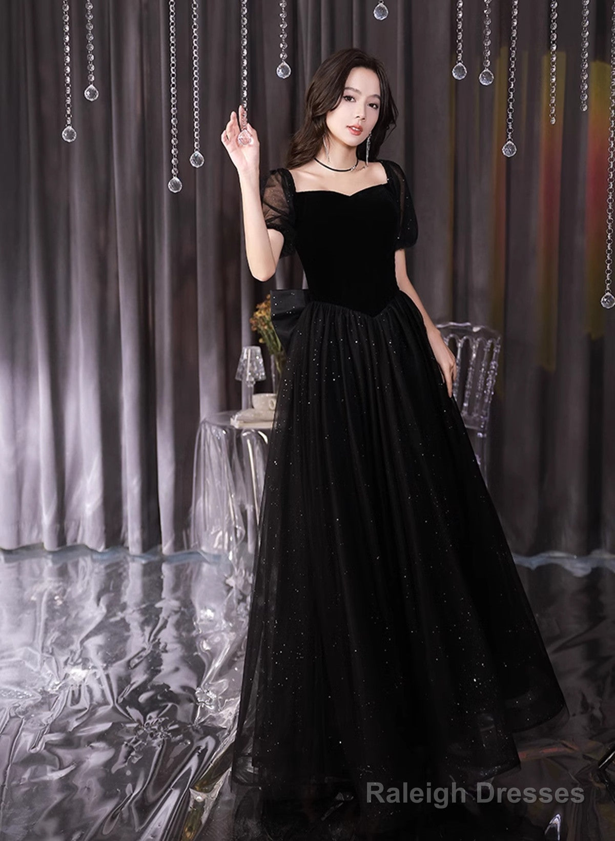 A-Line Black Tulle And Velvet Short Sleeves Prom Dress, Black Evening Dress Secondary image